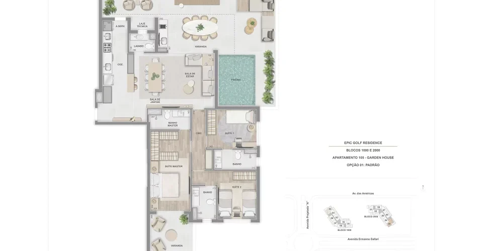 Garden house 3 suites 162m apto 105